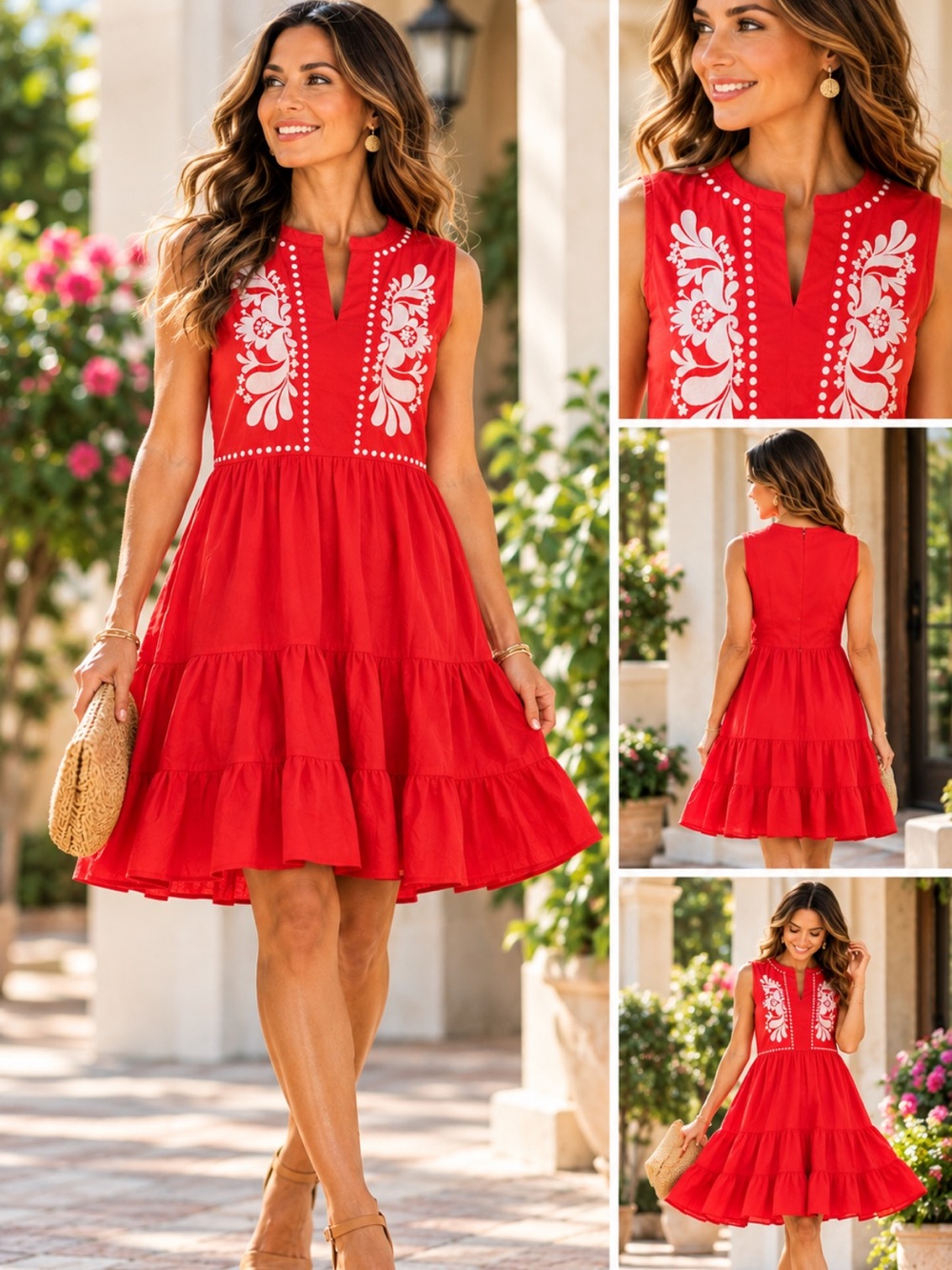 Red Sleeveless Embroidered Tiered Summer Dress